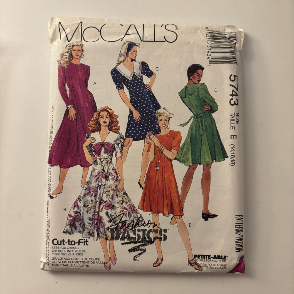 VTG 1991 McCall's 5743 Sailor Collar Princess Seam Dress Pattern Sz 14-18 UNCUT
